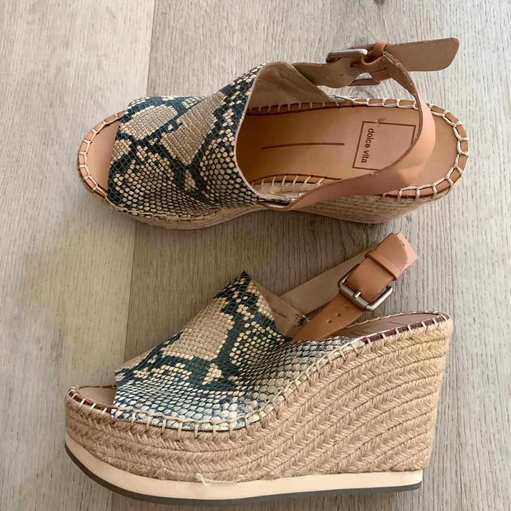 Dolce Vita Snakeskin Print Leather Espadrille Wedge Sandals Womens 7.5 Tan Blue